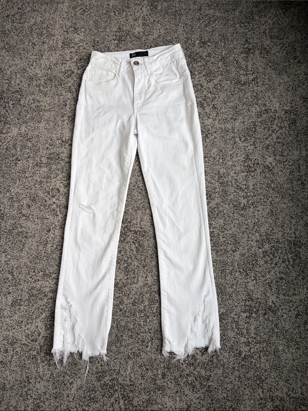 3x1 NYC Straight Leg White Distressed Jeans with Split Hem